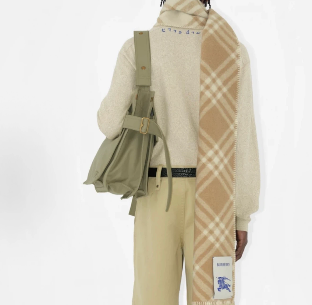 Burberry Unisex Wool Knit Scarf, Equestrian Knight Logo, Blanket‑Stitched Edge, Beige